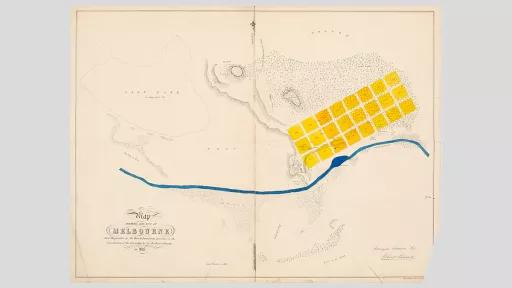 Map showing the Melbourne area before it was founded in 1837 with open area alongside the river other than a few yellow squares showing buildings or huts