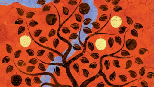 Part of the 'Where the fruit falls' book cover depicting a drawing of a tree with fruit and a river in the background