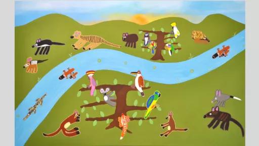 Paint artwork depicting a range of Australian animals on a green hill, separated by a river.