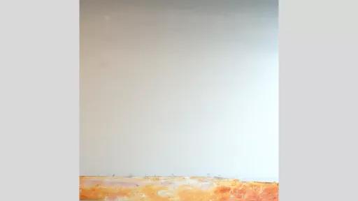 An artwork of a desert scene showing just a glimpse of the desert floor, and filled with a white-grey sky that is featureless