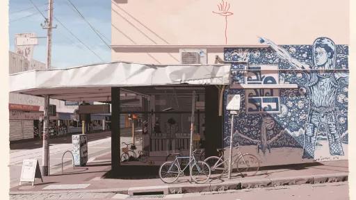 A painting of a cornershop on a quiet but modern street, with bikes parked outside and a blue intricate mural of a spaceship on the wall beside in