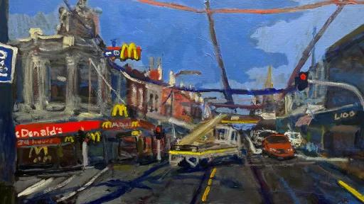 A painting in a abstract brushstroke style that shows an intersection with cars at the lights, and a Mcdonalds with lots of signs on the corner