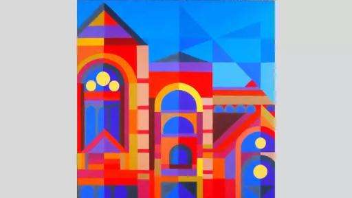 An artwork featuring geometric shapes that depict the front of buildings close together in bright blues, reds, and yellows