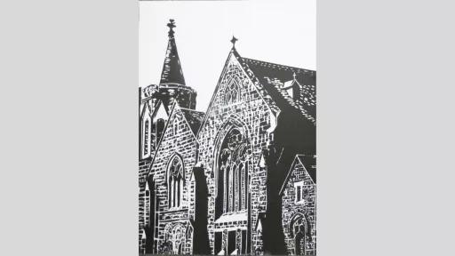 A black outline of the side of a stone church on a white background showing large windows and a tower