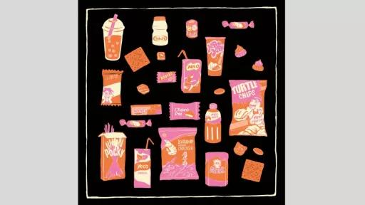 Snack foods including a milo box drink, chip packets and wrapped lollies in pink and orange on a black square background