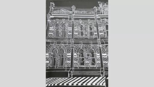 A white outline of the top two levels of a shopfront above the ground floor showing a brick facade with recessed windows