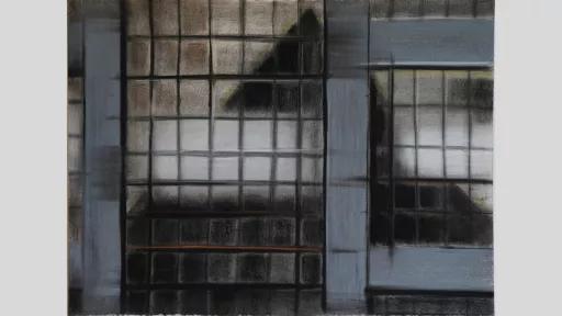 A hazy artwork of a glass window in a building that is made up of smaller squares of glass and is reflecting a triangular rooftop opposite the windows