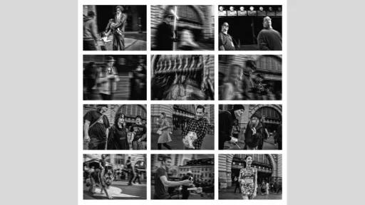 A grid of 12 snapshots of people in motion outside a train station