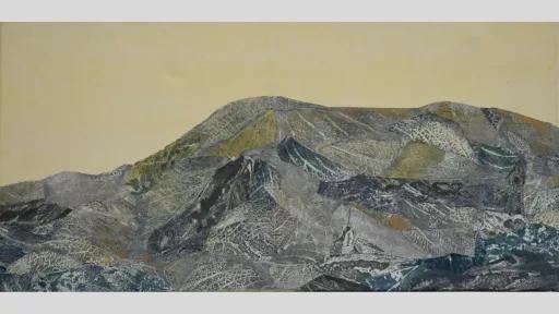 Artwork of leaves collaged to form a mountain range in blue, white and gold