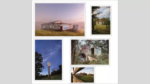 a dilapidated house with a fallen-over water tank and broken fence in the bush