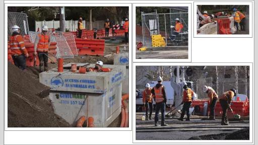 People wearing high-vis vests and hardhats work with tools at a building site