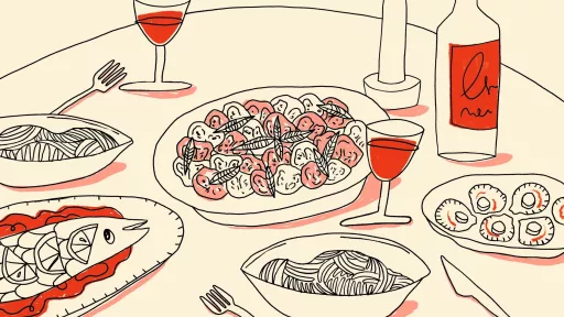 Illustration of a dining table with pasta and wine