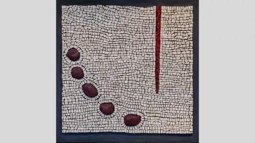 An artwork featurign a mosaic of beige square stones, with 5 round rocks protruding in a line across the bottom left corner of the piece, and a bright red vein from the top right spreading 3 quarters down the piece