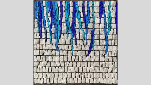 An artwork featuring a mosaic with white square stones as a base and blue and light blue tiles running in streams for the top of the canvas