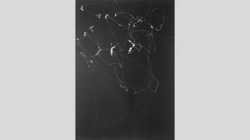 An artwork showing thin white eratic penstrokes on a black canvas, that thicken in some areas with dinstance in between the stokes