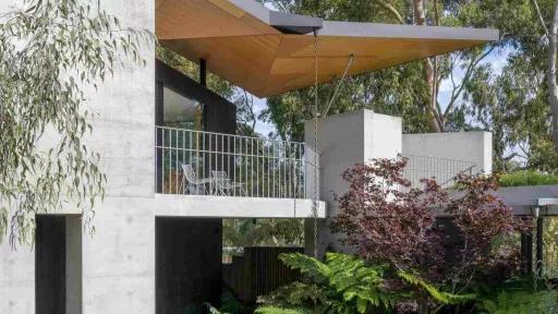 a 2-storey home with dramatic angled roof above a landscaped lawn with a large gum tree behind it