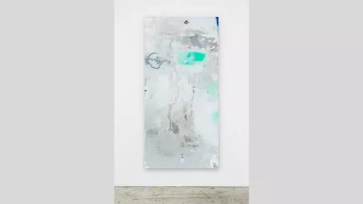 Large grey, blue and green abstract vinyl, plywood and acrylic painting.