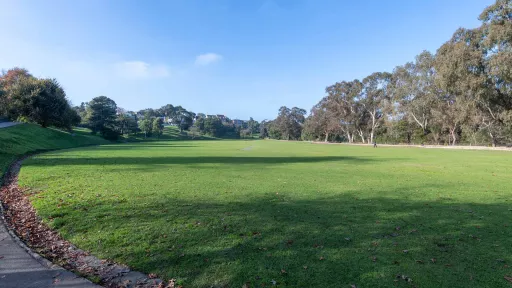 Large grass area with thick line of tall trees on the right. There is a gutter and grass slope are on the left, with houses and scattered trees in the distance.