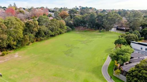 Aerial view of large rectangular grass area with a thick layer of tall trees along the left and at the far end. There is a curved walking path and houses to the bottom right.