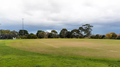 Corner view of soccer pitch with white markings. There is thicker grass in the foreground and tall trees on the horizon. Cricket nets are visible to the far left.