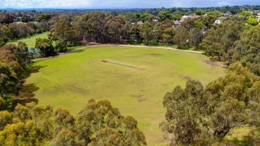 Aerial view of oval-shaped grass field with cricket pitch. There is a thick layer of trees around the oval and houses to the far right.