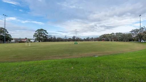 Oval sportsground with soccer goals at each end and a dark green cricket pitch in the middle. There are trees and three light posts on the horizon.