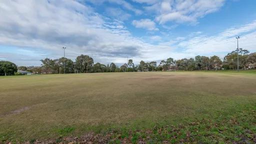 Oval sportsground with two soccer goals at the far end and tall trees on the horizon.