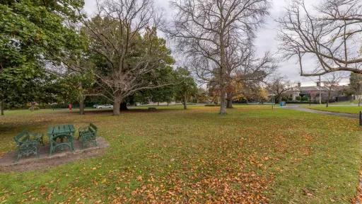 Grass area with fallen leaves and a table and chairs. There is a mix of bare and leafy trees a walking path and house to the far right.