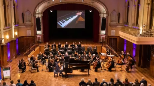 A piano concerto performance with a large band at the front of a formal hall