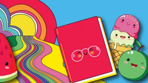 Vector graphic watermelon, ice cream, book and rainbow on a blue background