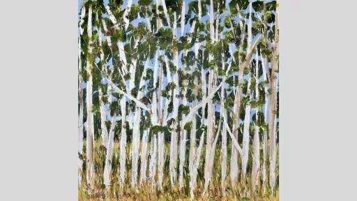 Oil painting of a cluster of trees with white trunks. The trees are in a field of green and yellow grass. Beyond their green foliage, a clear blue sky. The painting style is loose and sketch-like.