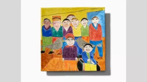 Colourful painting on a square plate, drawn in an cartoonish style. The painting features nine people, six standing in a row, one figure standing behind them, a standing figure in front, centre to the group, and a figure in a wheelchair to the right of the figure in the foreground. There are two birds on either side of the figure standing in the foreground. There is a geometric style to the painting seen in six of the figures stand side by side, their outfits and proportions lining up with each other.