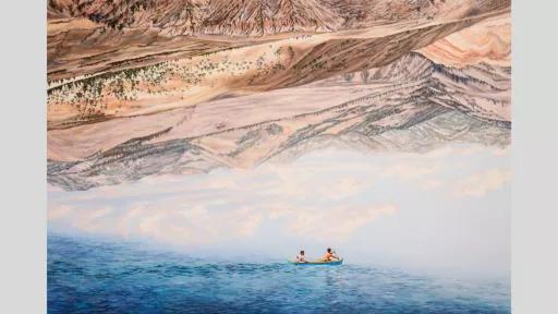 Two young boys paddle in a canoe under a blue sky. Above the sky is an inverted dry mountainous landscape.