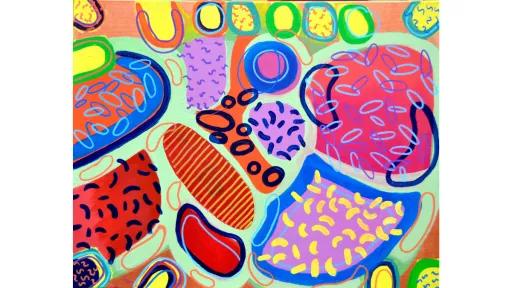 Abstract shapes and patterns reminiscent of food and fruit.