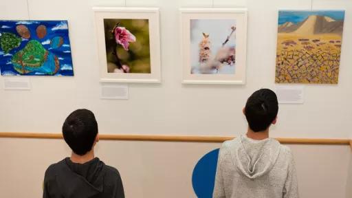 2 boys looking at an art exhibition