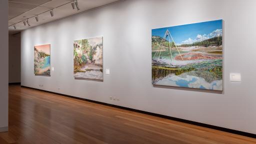 Photograph of large landscape paintings hanging in a gallery