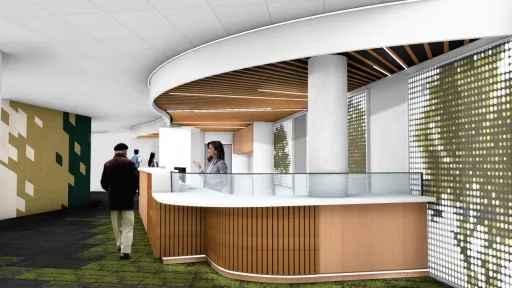 Artistic render of the new customer service area showing a modern counter with someone serving a customer