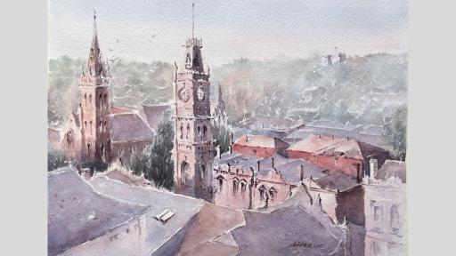 A watercolour painting of a cityscpae featuring historic buildings and a clocktower