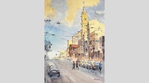 watercolour painting of a city street view, two people are crossing the road