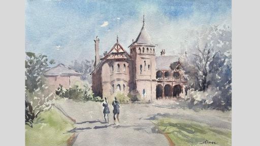 A watercolour painting of two children walking towards a beautiful historic building