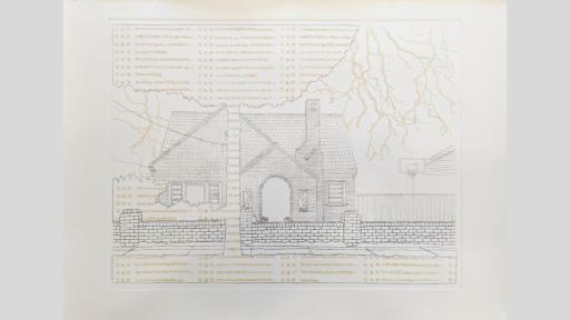 An etching of a house with numbers and lightning superimposed.