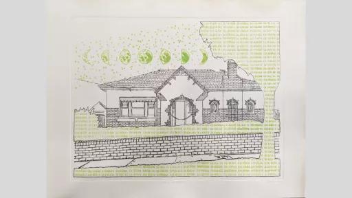 An etching of a house with numbers and phases of the moon superimposed.