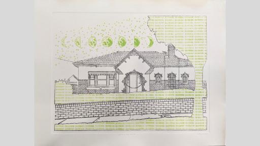 An etching of a house with numbers and phases of the moon superimposed.