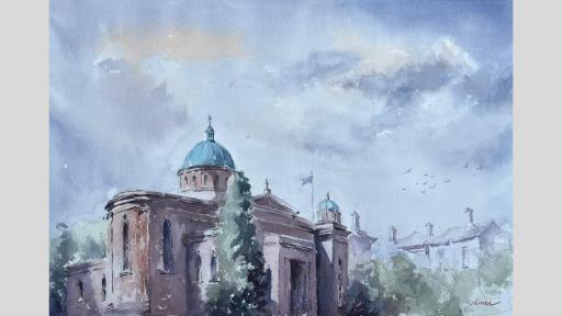 A moody and dramatic watercolour painting of an historic building