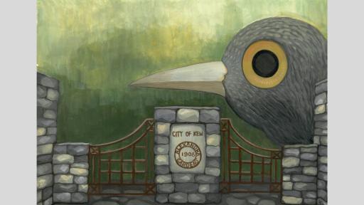 A watercolour painting of a large grey bird head above an old stone fence