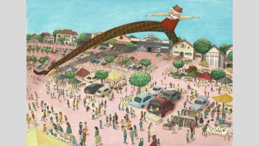 A cartoonish watercolour painting featuring a giant old man taking a large stop over the carpark at Camberwell Market