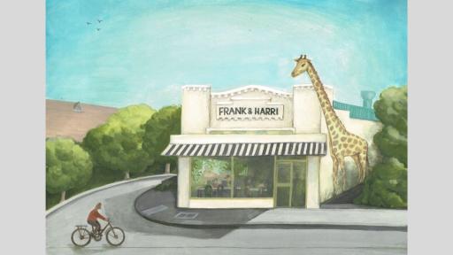 A watercolour painting of a white building (cafe) with someone riding past on their bicycle and a giraffe towering over the building on the right