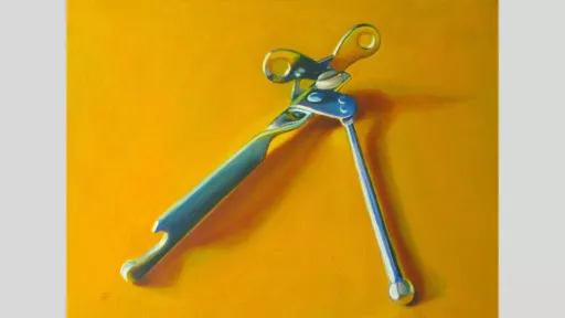 Hyper realistic painting of a metal can opener on a yellow background