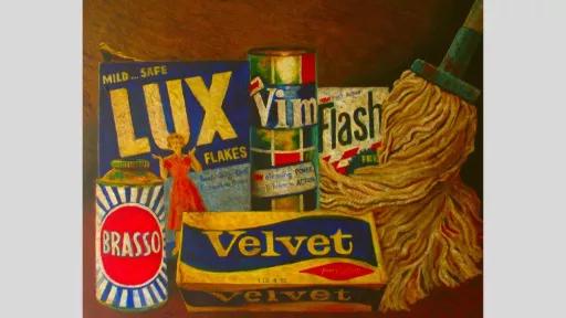 A painting of the contents of a laundry cupboard from approx 1960s. 