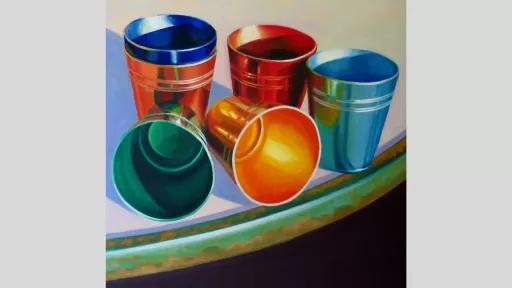 A hyper realistic painting of colourful metallic cups on the edge of a round table.